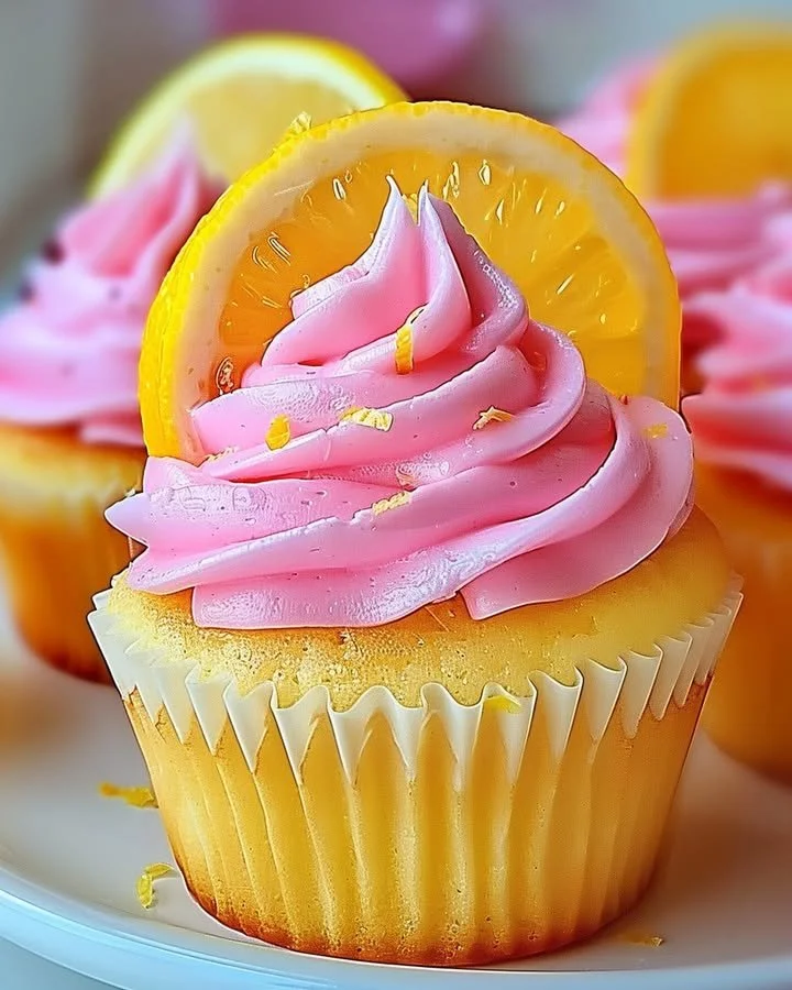 Pink lemonade cupcakes topped with pink frosting and lemon zest decoration