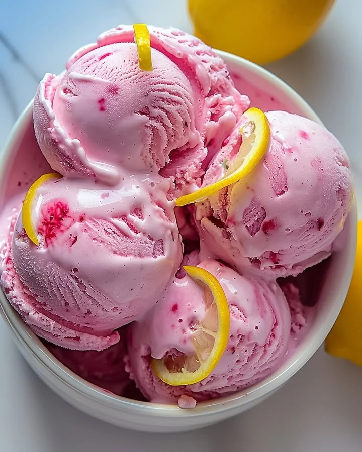 Homemade Pink Lemonade Ice Cream in a bowl garnished with fresh lemon slices