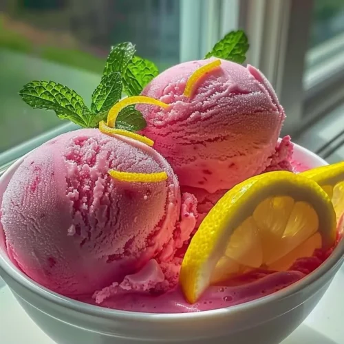 Delicious pink lemonade sorbet in a bowl, perfect for summer treats.