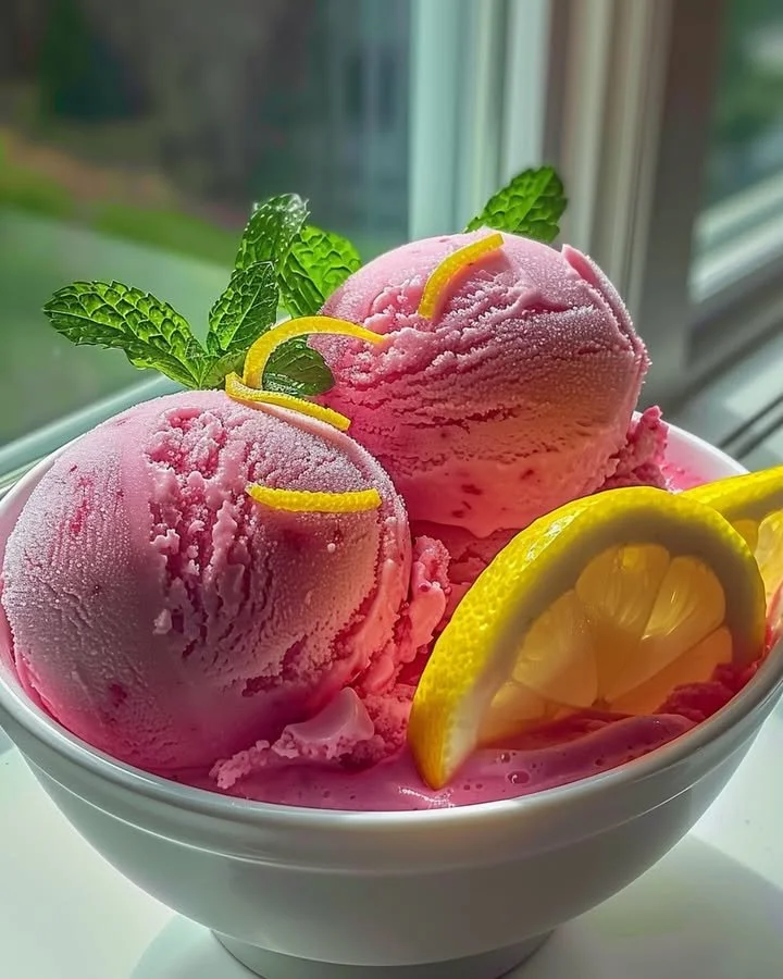 Delicious pink lemonade sorbet in a bowl, perfect for summer treats.