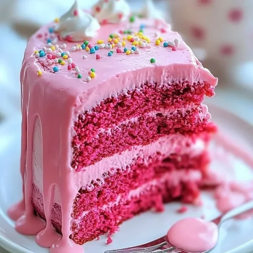 Slice of Pink Velvet Cake with frosting and decorative sprinkles on a plate