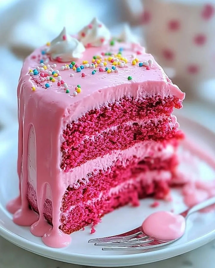 Slice of Pink Velvet Cake with frosting and decorative sprinkles on a plate