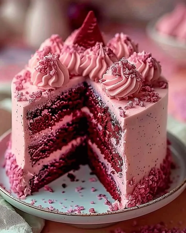 A gorgeous slice of Pink Velvet Cake with cream cheese frosting.