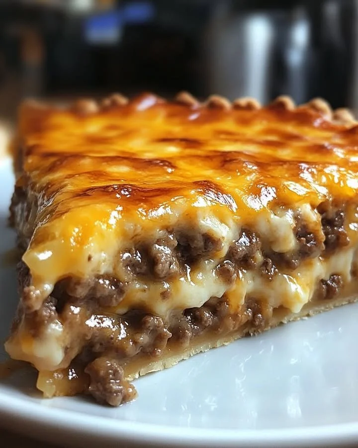 Pioneer Woman cheeseburger pie served on a plate