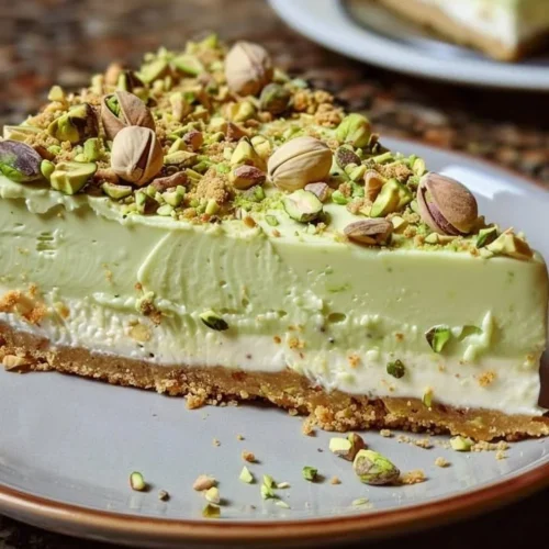 Delicious slice of homemade Pistachio Cheesecake topped with chopped pistachios