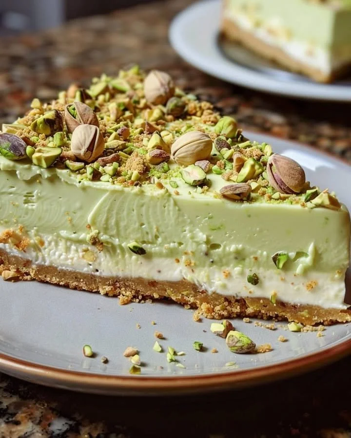 Delicious slice of homemade Pistachio Cheesecake topped with chopped pistachios