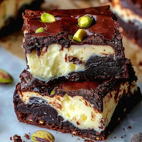 Delicious pistachio cheesecake brownies topped with crushed pistachios.
