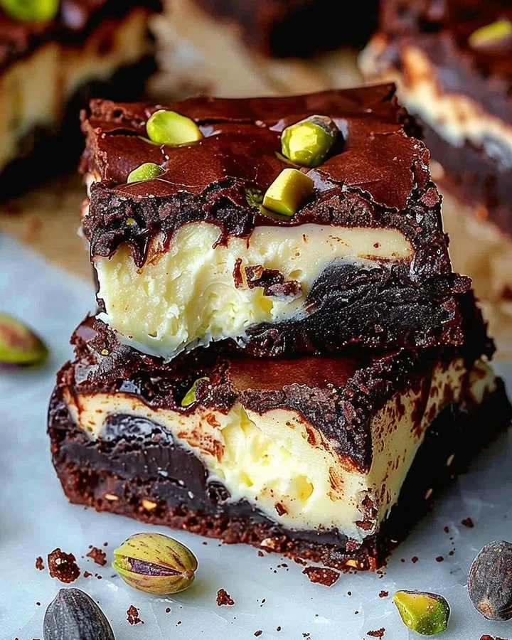 Delicious pistachio cheesecake brownies topped with crushed pistachios.