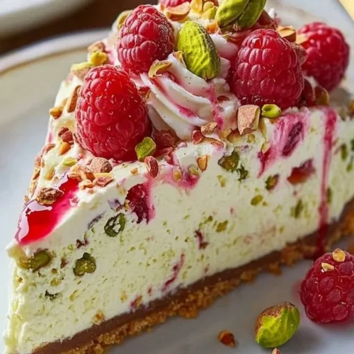 Pistachio Raspberry Cheesecake with fresh raspberries and pistachio garnish
