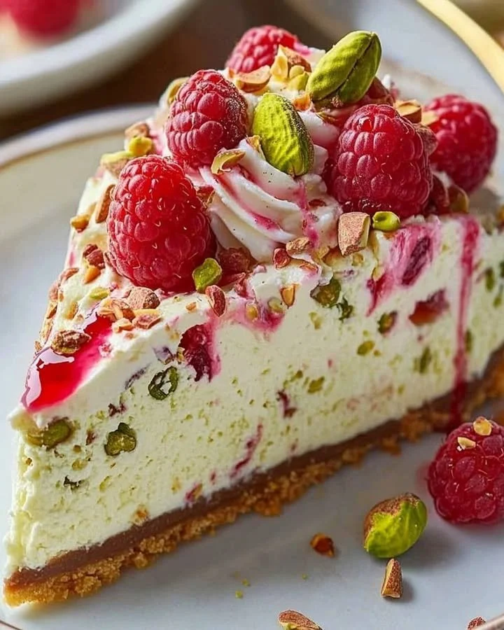 Pistachio Raspberry Cheesecake with fresh raspberries and pistachio garnish