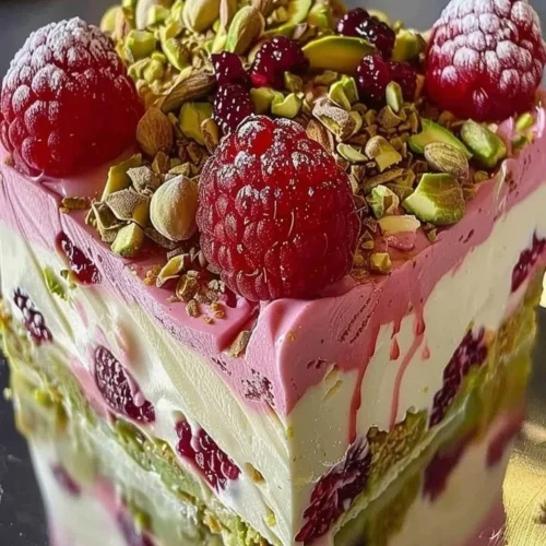 Slice of Pistachio Raspberry Cheesecake topped with raspberries and pistachios