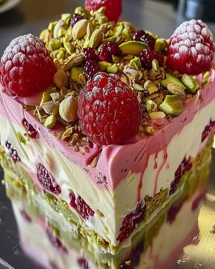 Slice of Pistachio Raspberry Cheesecake topped with raspberries and pistachios
