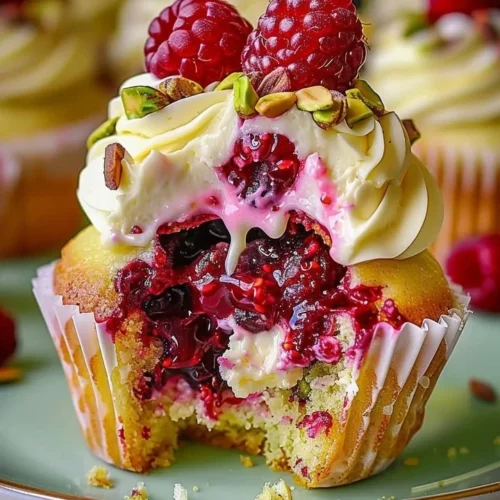 Pistachio Raspberry Cheesecake Cupcakes topped with fresh raspberries and crushed pistachios