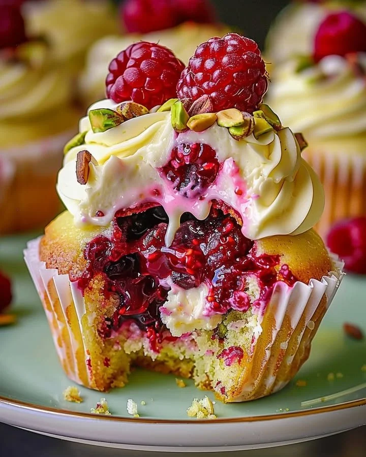 Pistachio Raspberry Cheesecake Cupcakes topped with fresh raspberries and crushed pistachios
