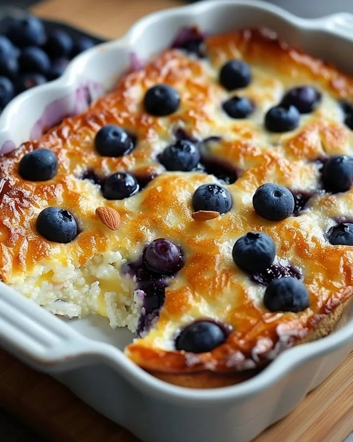 Delicious protein-packed blueberry cottage cheese bake fresh out of the oven