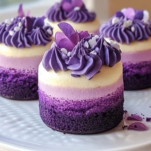 Purple ombre mini cakes beautifully decorated for a festive occasion