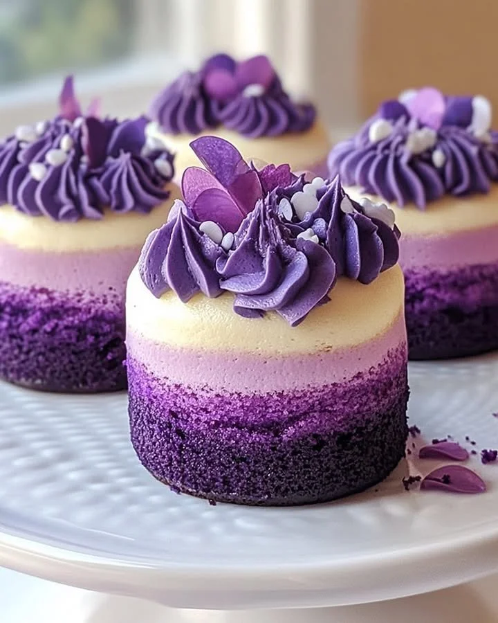Purple ombre mini cakes beautifully decorated for a festive occasion
