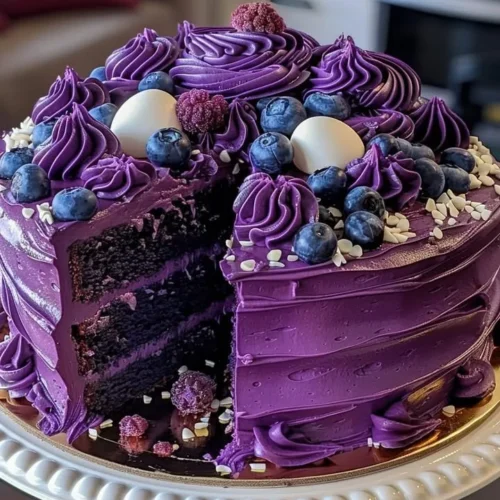 Sliced Purple Velvet Cake topped with Cream Cheese Frosting on a white plate.