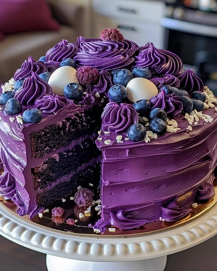 Sliced Purple Velvet Cake topped with Cream Cheese Frosting on a white plate.