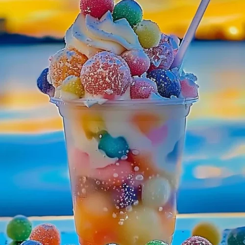 A vibrant Rainbow Sherbet Float with colorful layers of sherbet and soda.
