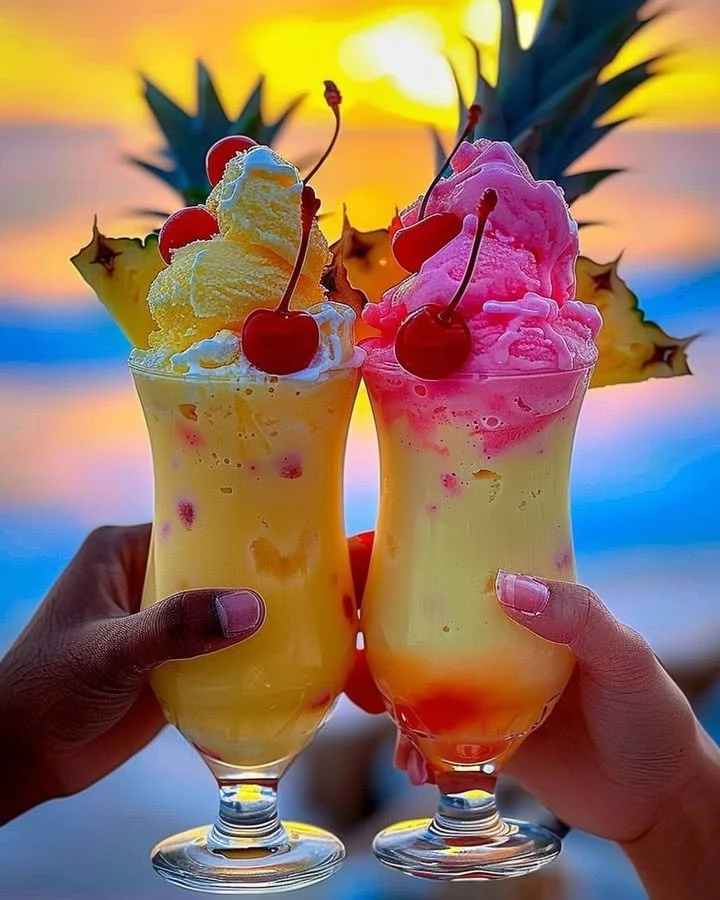 Colorful Rainbow Sherbet Piña Colada in a glass with tropical garnish