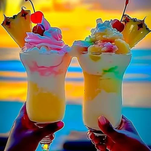 Colorful Rainbow Sherbet Piña Colada in a glass garnished with fruit