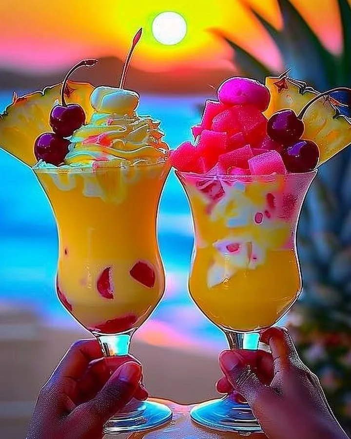 Colorful Rainbow Sherbet Piña Colada in a glass with tropical garnishes