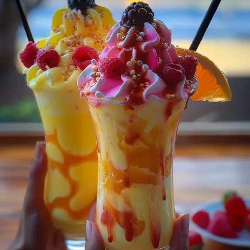 Colorful Rainbow Sherbet Piña Colada in a glass with tropical decorations