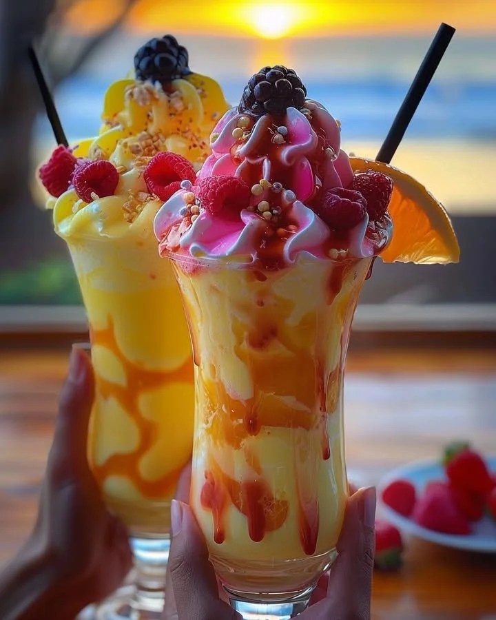 Colorful Rainbow Sherbet Piña Colada in a glass with tropical decorations