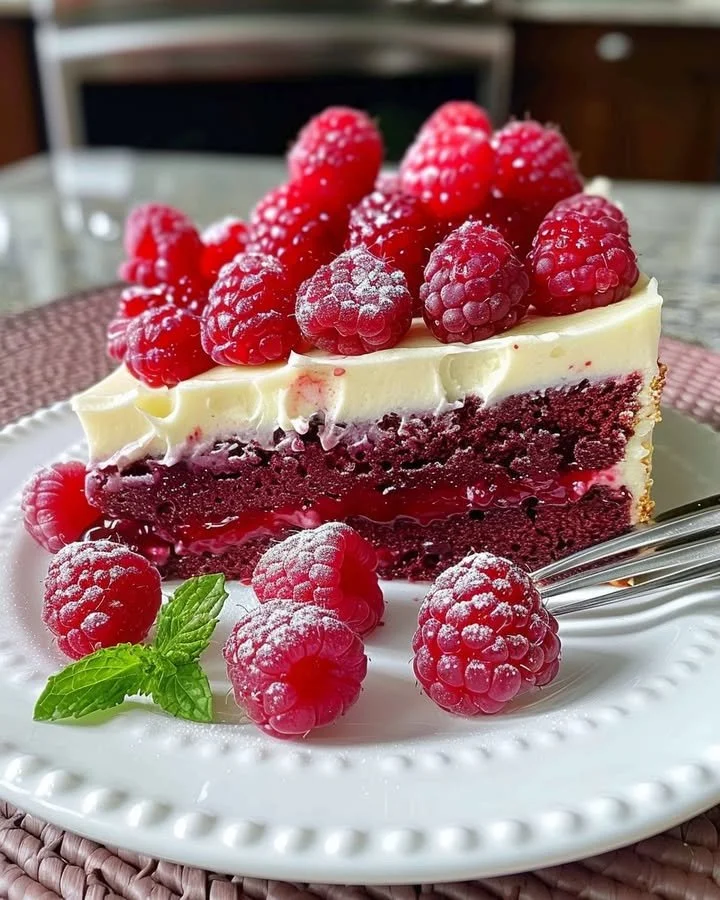 Deliciously decorated raspberry cake with fresh raspberries on top