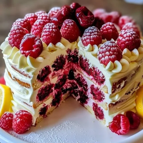 Delicious raspberry cake with lemon buttercream frosting on a white plate