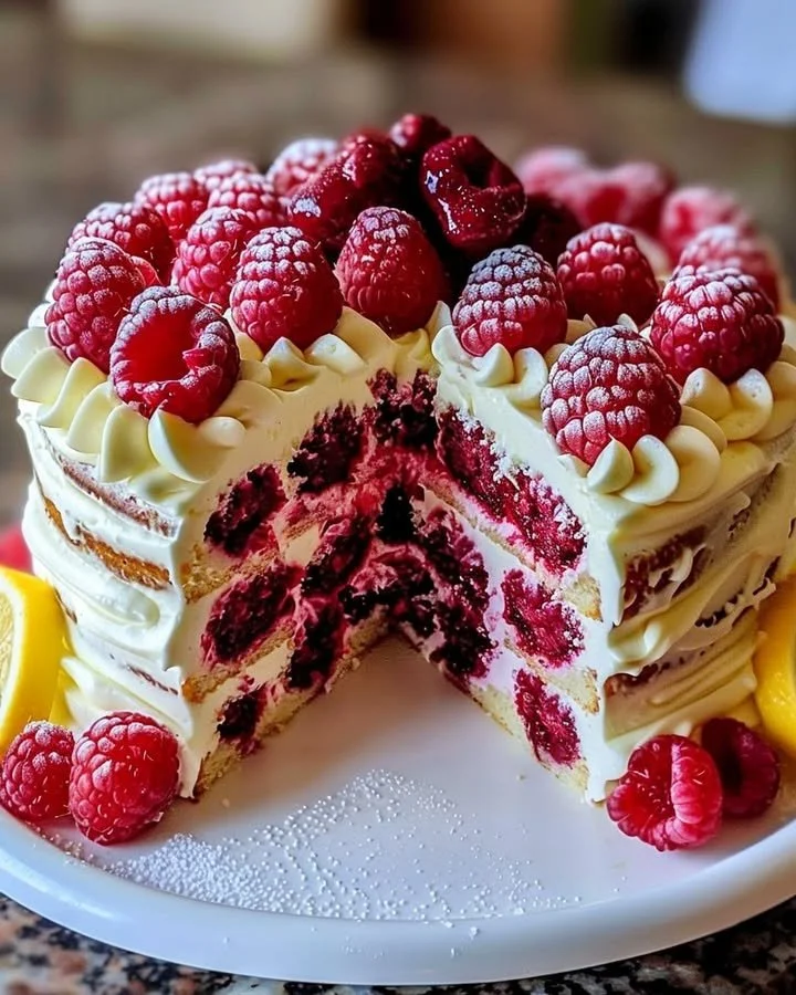 Delicious raspberry cake with lemon buttercream frosting on a white plate
