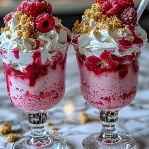 Delicious Raspberry Cheesecake Freakshake topped with whipped cream and raspberries