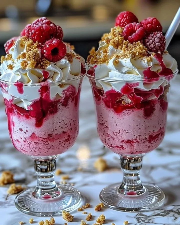 Delicious Raspberry Cheesecake Freakshake topped with whipped cream and raspberries