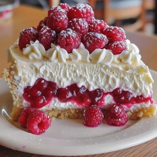 Delicious slice of Raspberry Cheesecake Pie topped with fresh raspberries