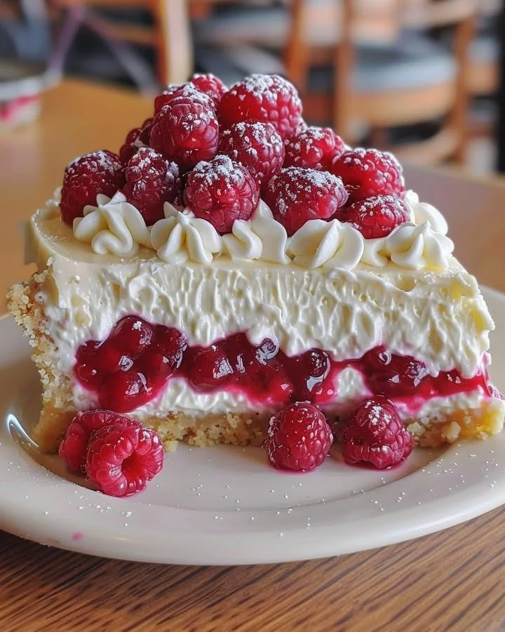 Delicious slice of Raspberry Cheesecake Pie topped with fresh raspberries