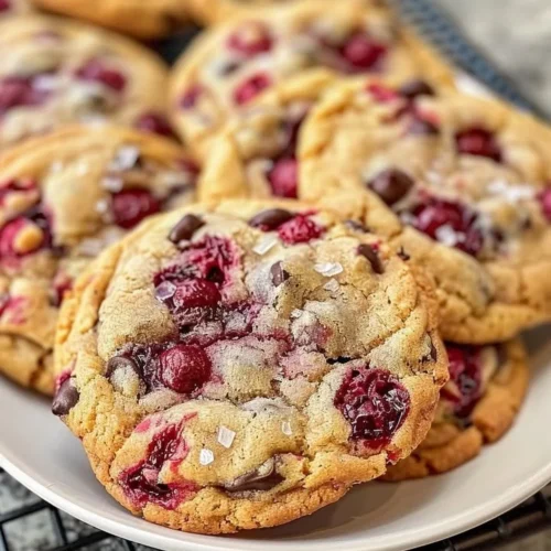 Freshly baked Raspberry Chocolate Chip Cookies with chocolate chunks and raspberries