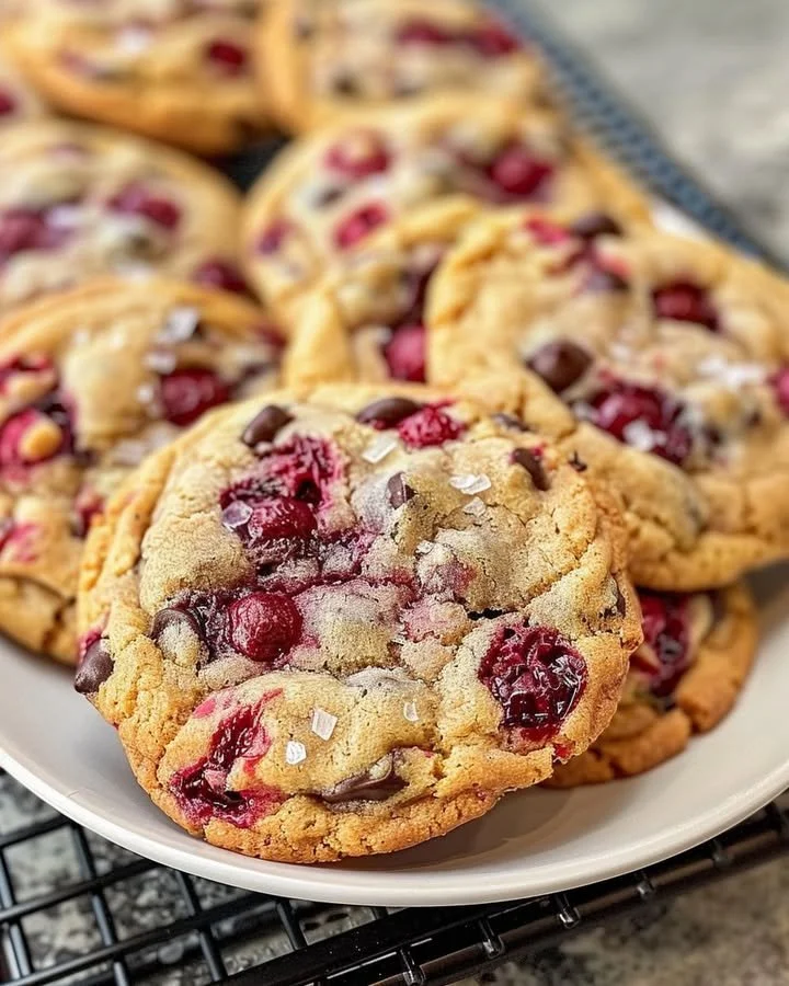 Freshly baked Raspberry Chocolate Chip Cookies with chocolate chunks and raspberries