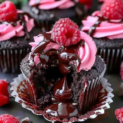 Delicious Raspberry Chocolate Lava Cupcakes with gooey chocolate center