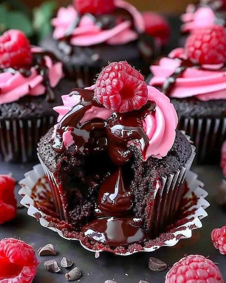 Delicious Raspberry Chocolate Lava Cupcakes with gooey chocolate center