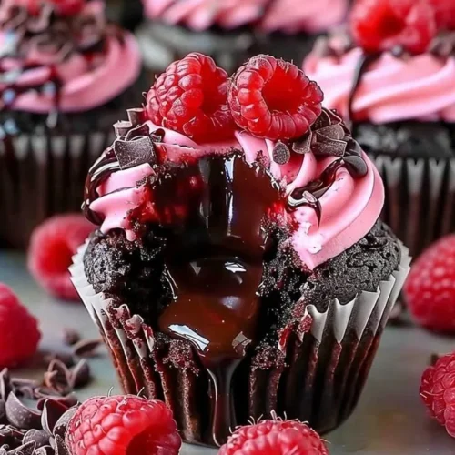 Raspberry chocolate lava cupcakes with gooey chocolate centers
