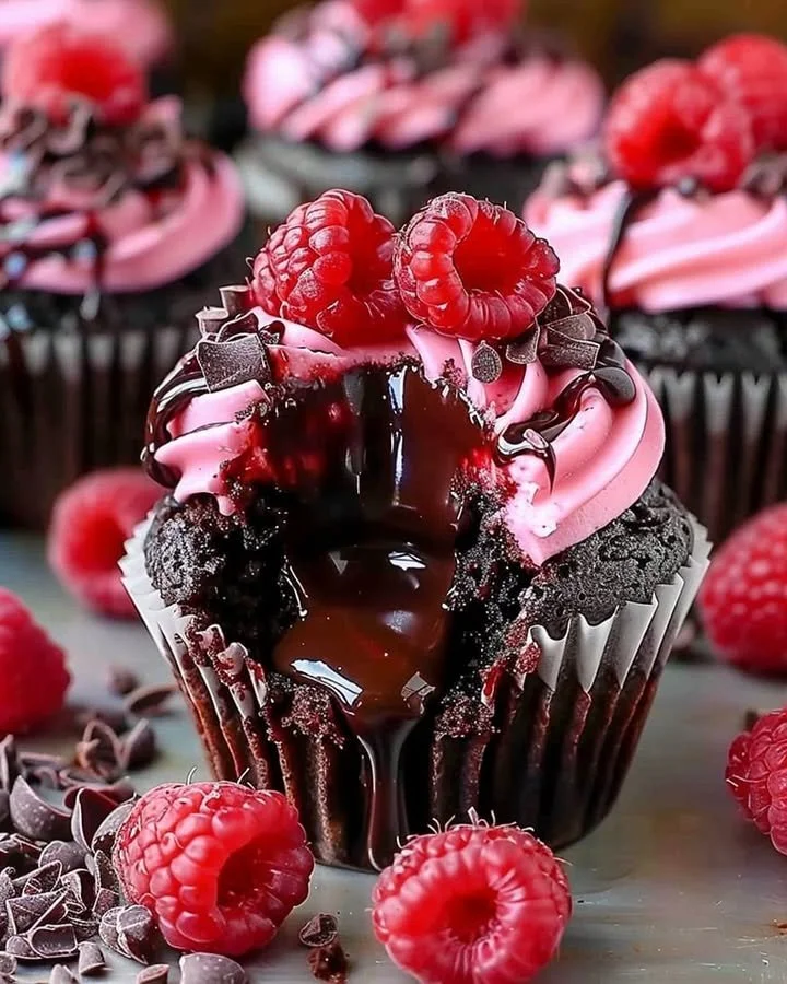 Raspberry chocolate lava cupcakes with gooey chocolate centers