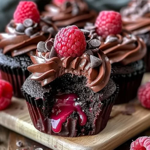 Delicious Raspberry Chocolate Lava Cupcakes melting with chocolate and raspberry filling