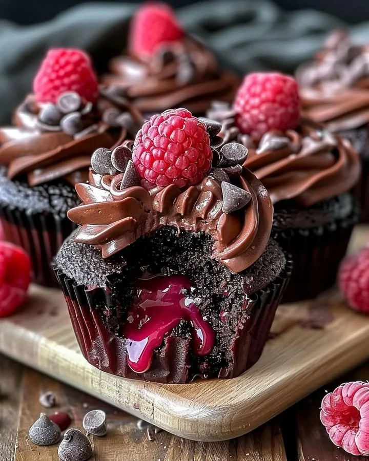 Delicious Raspberry Chocolate Lava Cupcakes melting with chocolate and raspberry filling