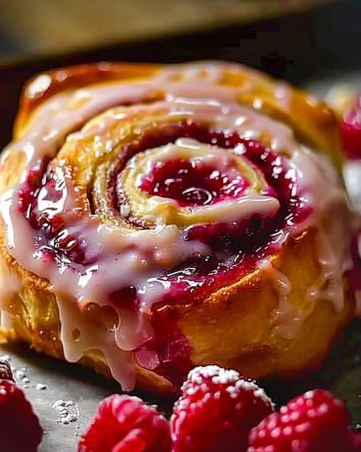 Freshly baked Raspberry Cinnamon Rolls topped with creamy icing