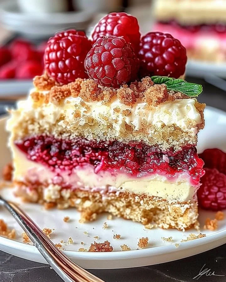Raspberry Cream Cheese Coffee Cake slice on a plate with fork