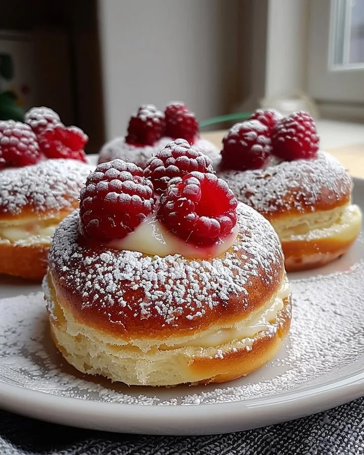 Freshly baked Raspberry Custard Buns with a golden pastry and berry filling