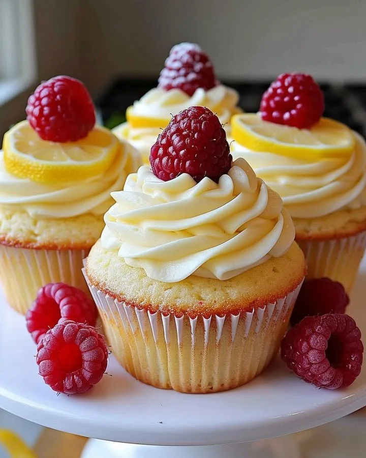 Delicious Raspberry Lemon Cupcakes topped with fresh raspberries and lemon frosting