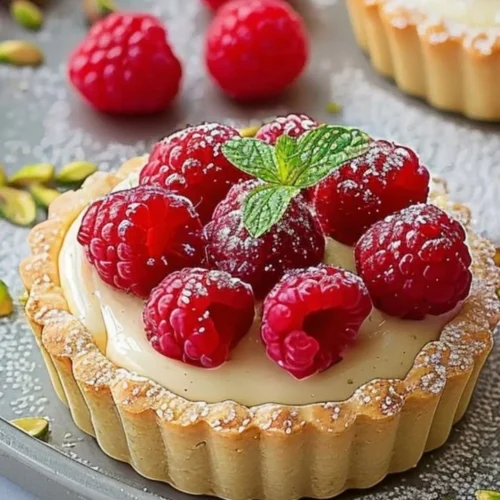 Raspberry pistachio cream tarts drizzled with fresh raspberry sauce