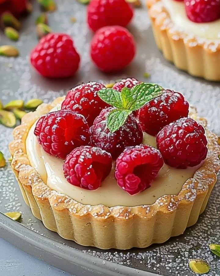 Raspberry pistachio cream tarts drizzled with fresh raspberry sauce